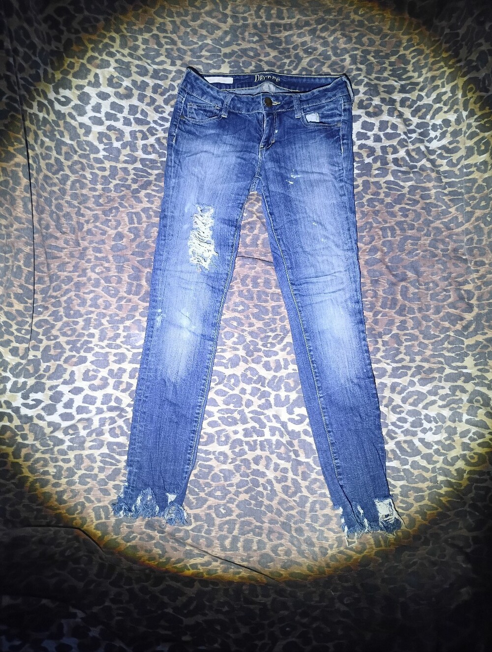 Decree Laser Skinny Jeans Women Size 5 Blue Distressed Raw Hem Ripped Stretch